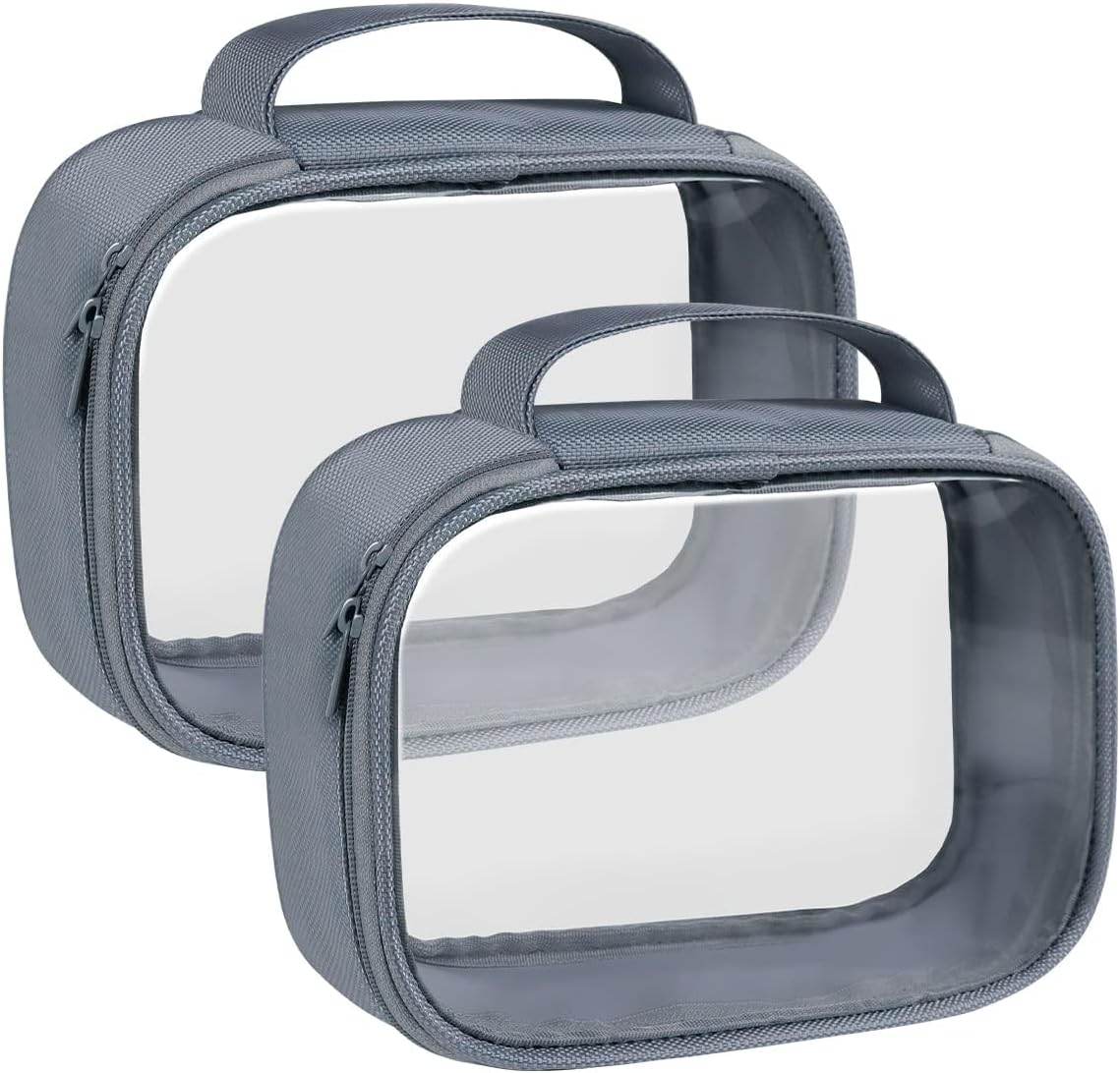 Moyad TSA Approved Clear Toiletry Bag with Handle, 2 Pack Quart Size 3-1-1 Liquids Pouch for Travel, Transparent Makeup & Cosmetic Organizer for Women Men, Grey