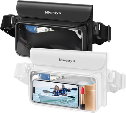 Niveaya IP68 Waterproof Fanny Pack - 2 Pack, Floating Dry Bag Pouch, Phone Waterproof Waist Pouch Dry Bag, Beach, Kayaking, Swimming, Boat Essentials, for iPhone 16/15/14/13/12 Pro Max up to 9.5"