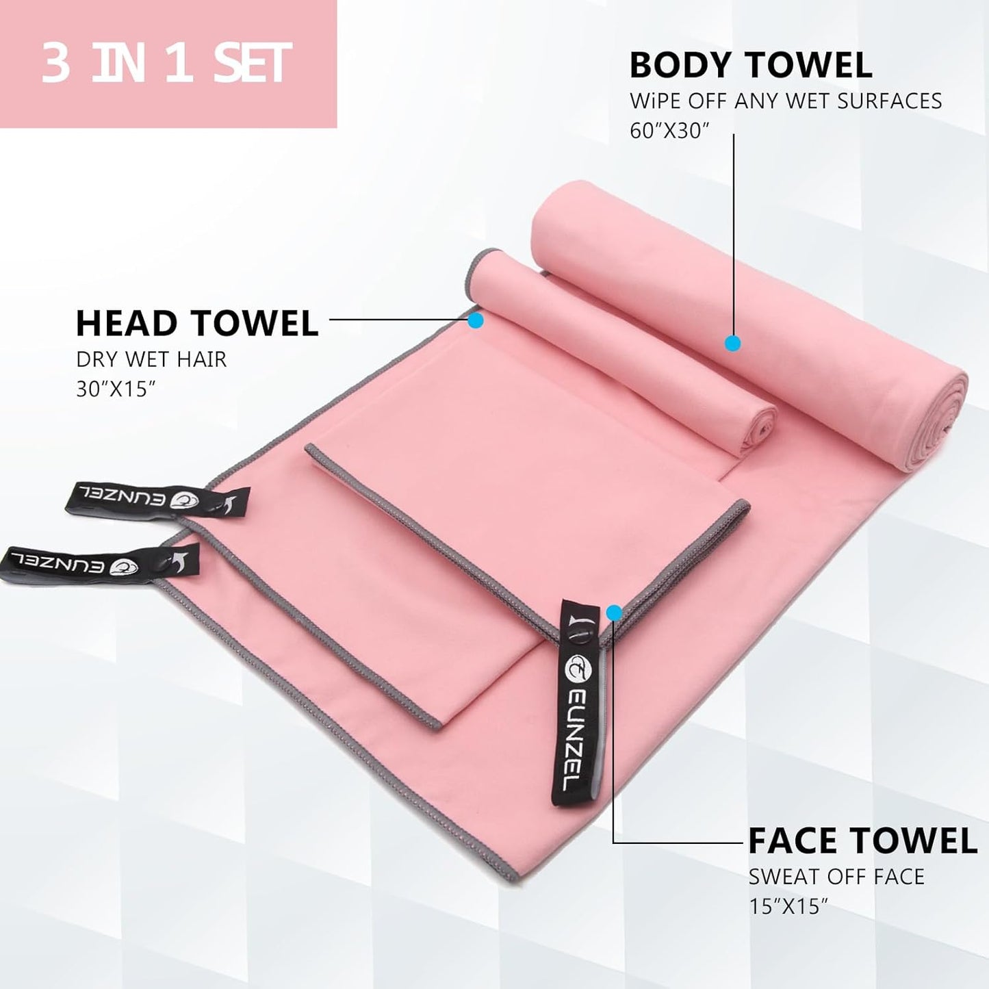 Eunzel Quick Dry Camping Towel, Microfiber Travel Towel 3 Size at 1 Pack,Fast Drying Towel Set for Camping, Beach, Gym, Sports, Yoga & Swimming Pool, Pink