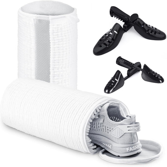 Shoe Washing Bag for Washing Machine, Fluffy Fibers Keep 360° Wrap-around Cleaning, 2 Pairs Adjustable Shoe Trees, Durable Hidden Zipper Reusable Shoe Laundry Bag for Sneaker Gym Shoes White