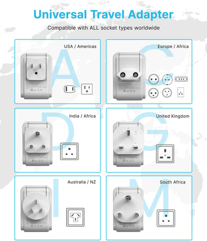 VINTAR Universal Travel Adapter Kit, 3ft Detachable Extension Cord with 4 AC Outlets & 3 USB(2 USB C), Type A/C/G/D/I/M International Power Adaptor for US to Europe UK India South Africa Japan