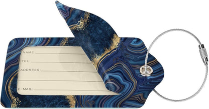 2PC Dark Blue Marble Luggage Tags Leather Suitcase Tag Privacy Name ID Card Quick to Find Out Travel Bag Labels with Stainless Steel Loop for Women Men Chilren Set of 2