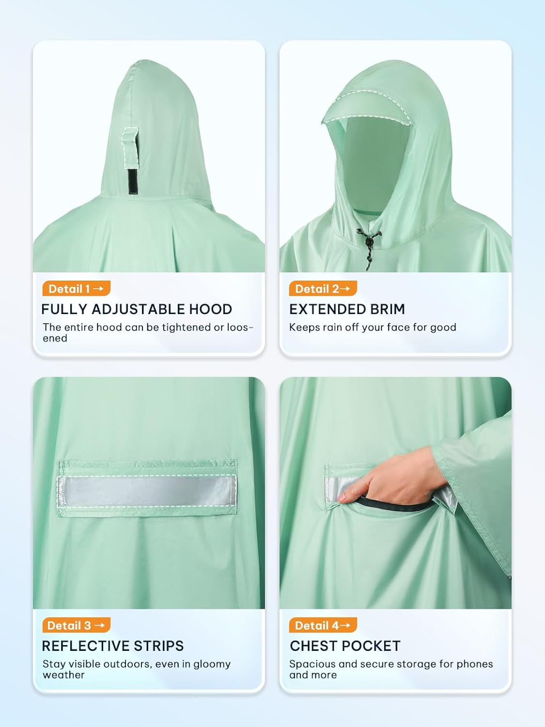 SaphiRose Extra Thick Hooded Rain Poncho Double Layer Waterproof Raincoat Jacket for Men Women Adults