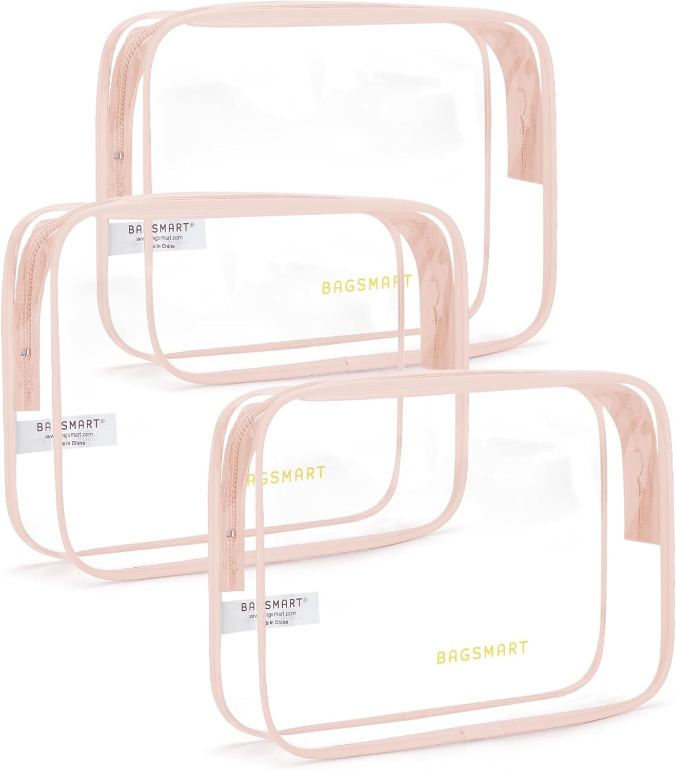 BAGSMART Clear Toiletry Bag, 3 Packs TSA Approved Water Resistant Quart Size Travel Organizer, Airport Airline Travel Essential Carry On Makeup Cosmetic Bags for Women, Nude Pink