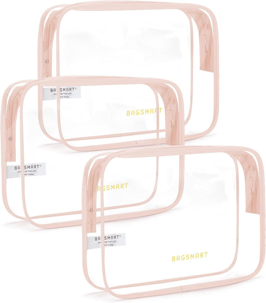 BAGSMART Clear Toiletry Bag, 3 Packs TSA Approved Water Resistant Quart Size Travel Organizer, Airport Airline Travel Essential Carry On Makeup Cosmetic Bags for Women, Nude Pink