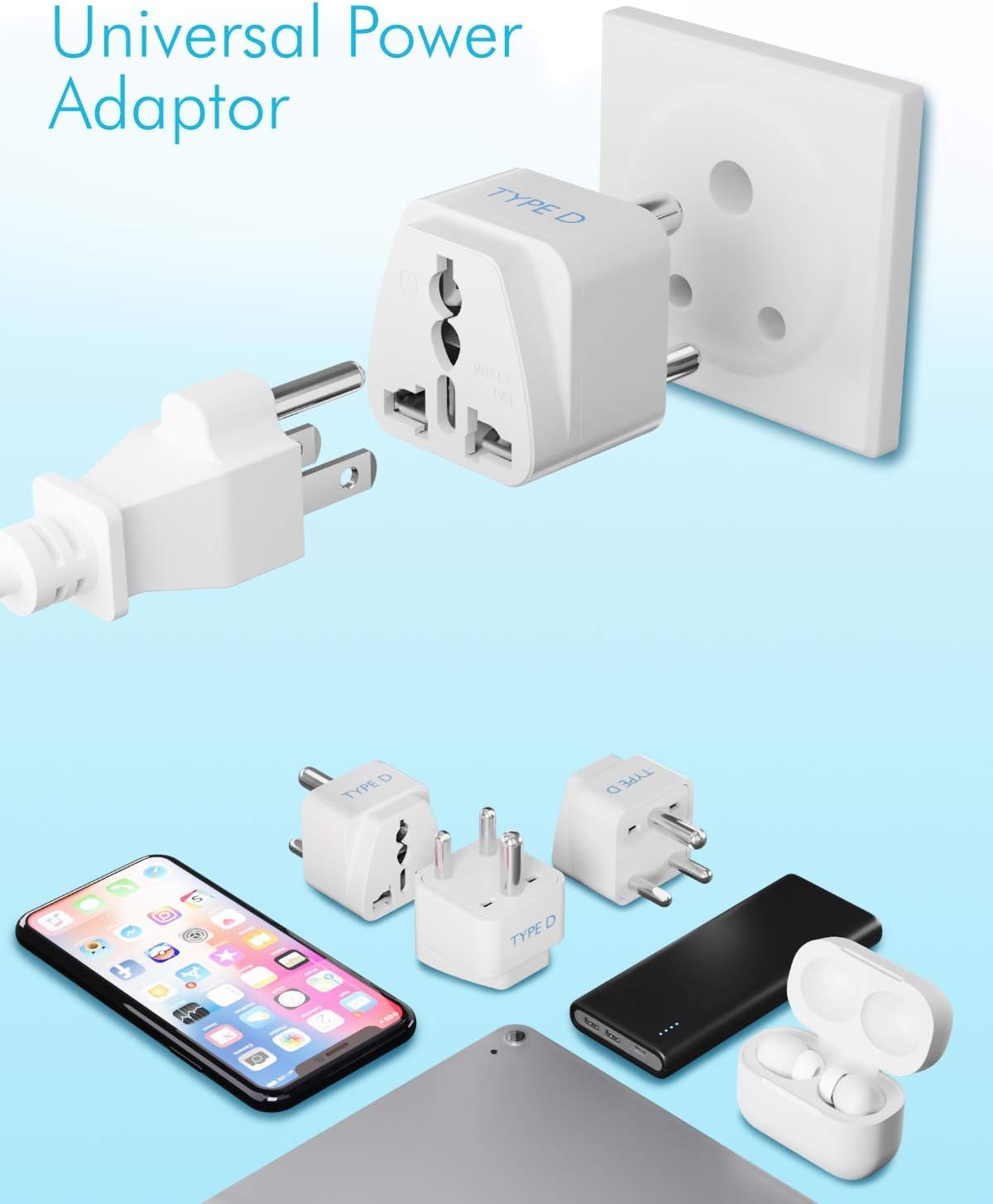 Ceptics India Travel Plug Adapter (Type D) for Pakistan, Nepal, Bangladesh - 3 Pack [Grounded & Universal] (GP-10-3PK)
