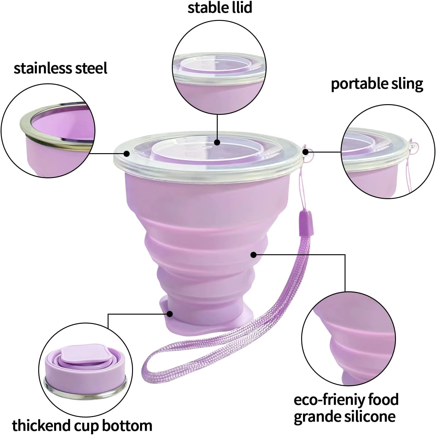 Collapsible Cup Silicone Foldable Cup-Expandable Folding Drinking Reusable Portable Mugs-Cups For Travel, Camping, Hiking, Picnic, Beach, Holiday Vacation, Outdoor Sports Light Purple