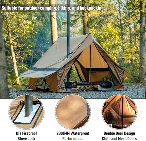 POMOLY Camping Hot Tent Cabin Tent, Chalet 70 Series Portable Wall Tents with Stove Jack and Two Poles for 2-3 Person Hiking, Backpacking