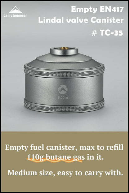 CAMPINGMOON Replacement Empty Refillable Gas Fuel Cylinder Standard for Backpacking Camping Stove EN417 Lindal Valve 110g TC-35