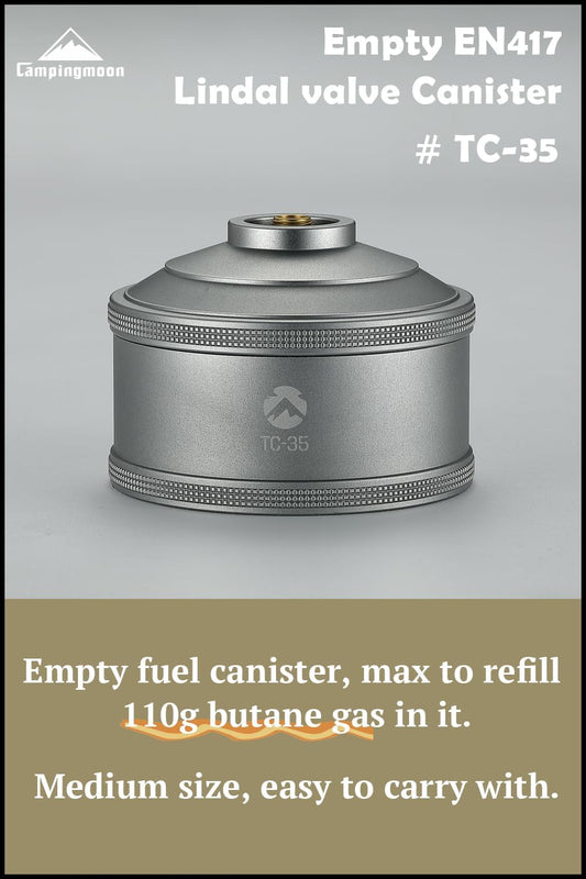 CAMPINGMOON Replacement Empty Refillable Gas Fuel Cylinder Standard for Backpacking Camping Stove EN417 Lindal Valve 110g TC-35