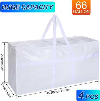 4 Pcs 66 Gallon Large Moving Bags with Zipper and Handles Foldable Storage Duffle Bags Heavy Duty Extra Large Totes for College Dorm Travel Clothes Blankets Bedding Moving(White)