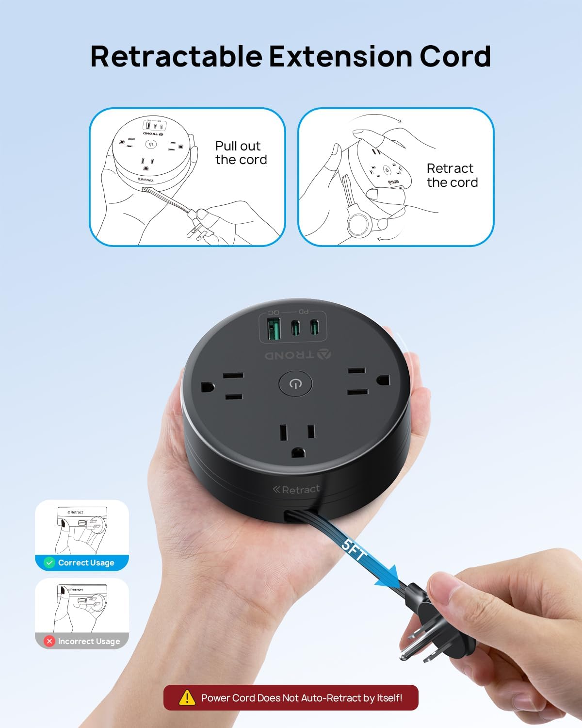 TROND 20W USB C Travel Power Strip - Retractable Extension Cord 5ft Ultra Thin Flat Plug, Power Strip with 3 AC Outlets and USB C Fast Charging, Cruise Ship Essentials, for Home Hotel Dorm Room, Black