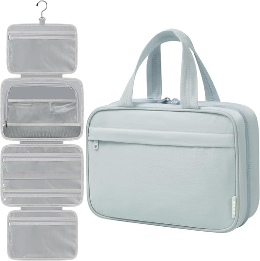 Toiletry Bag For women,Portable Hanging Organizer,4 Leakproof Compartment for full-sized Conditioner, Brushes Set, Makeup Accessories,Visible and easy to access.L-blue