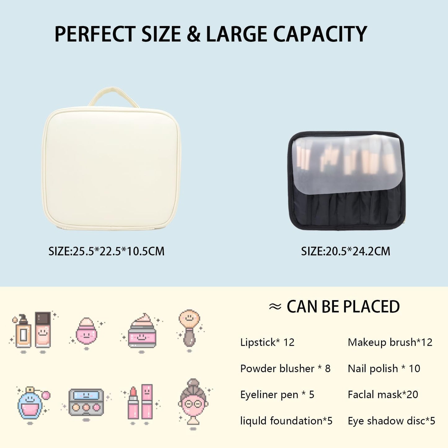 Makeup Bag with Led Mirror,Travel Makeup Organizer with 3 Color Setting, Portable Storage and Adjustable Dividers Travel Makeup Bag(White)