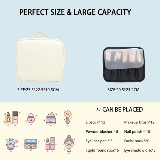 Makeup Bag with Led Mirror,Travel Makeup Organizer with 3 Color Setting, Portable Storage and Adjustable Dividers Travel Makeup Bag(White)