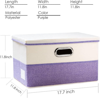 PRANDOM Large Foldable Storage Bins with Lids [3-Pack] linen Fabric Decorative Storage Boxes Organizer Containers Baskets Cube with Handles Divider for Bedroom Closet Purple&Cream(17.7x11.8x11.8)