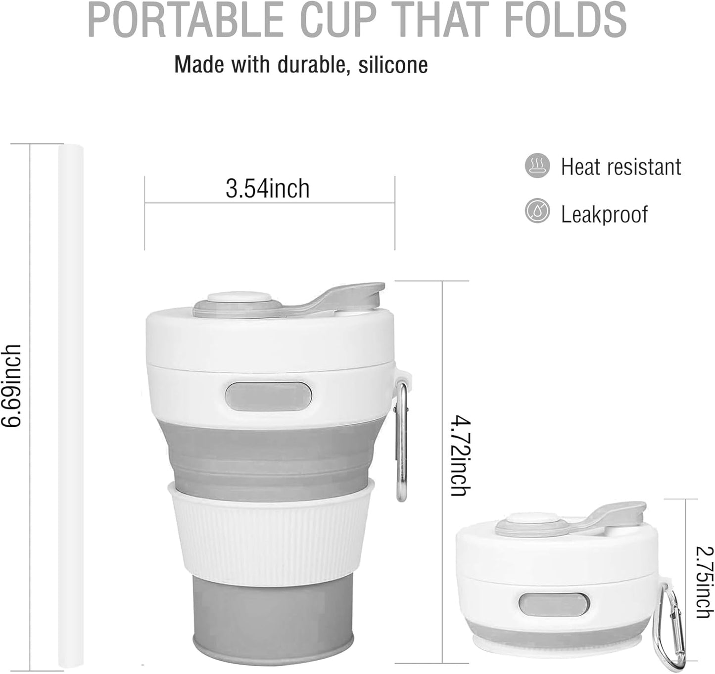 Silicone Collapsible Travel Mug Gray 15oz / 450ml - Leak-Proof Reusable Silicone Water Bottle for Hot and Cold Beverages - Travel Office and Home - Dishwasher Safe - Straw Included