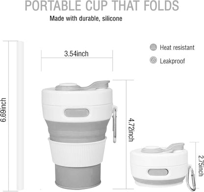 Silicone Collapsible Travel Mug Gray 15oz / 450ml - Leak-Proof Reusable Silicone Water Bottle for Hot and Cold Beverages - Travel Office and Home - Dishwasher Safe - Straw Included