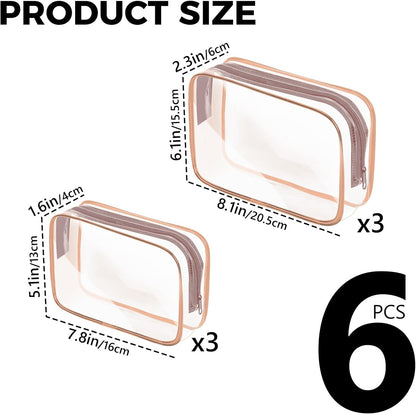 AURUZA 6 Pack Travel Toiletry Bag, Clear Makeup Bag, TSA Approved Cosmetic Bag with Zipper, Clear Organizer Carry on Bag for Women, PVC Cosmetic Pouch (Rose Pink, 6 Packs)
