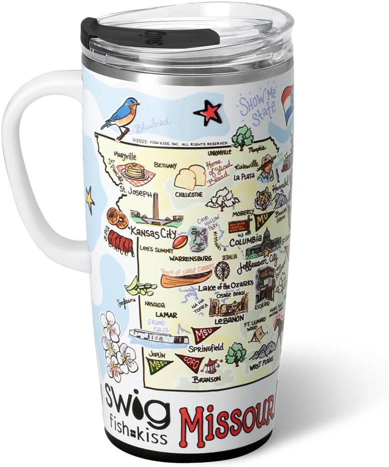 Swig Life 22oz Travel Mug, Insulated Tumbler with Handle and Lid, Travel Coffee Mug, Cup Holder Friendly, Stainless Steel 22 oz Tumbler, Reusable Insulated with Lid (Missouri)