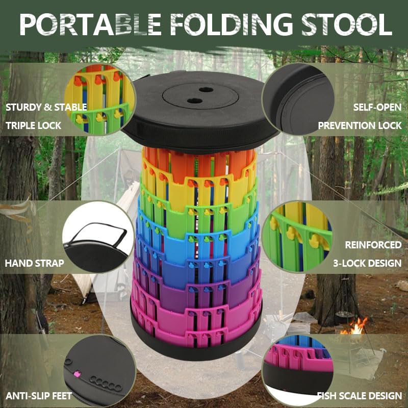 JAEMEYEM Collapsible Stool Chair, Upgraded Folding Stool for Adults Lightweight, Sturdy, Adjustable, Portable, Foldable Seat Sturdy Stools for Outdoor Camping Fishing Hiking Gardening BBQ