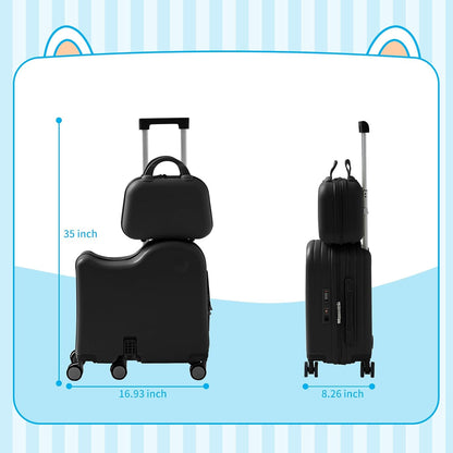 TABU Ride-on Luggage with Handbag for Kids，Hardshell Carry On Suitcase with Hidden Cup Holder, Foldable Pedal,Type-C & USB Interface, TSA Lock, 6-Spinner Wheels, Black