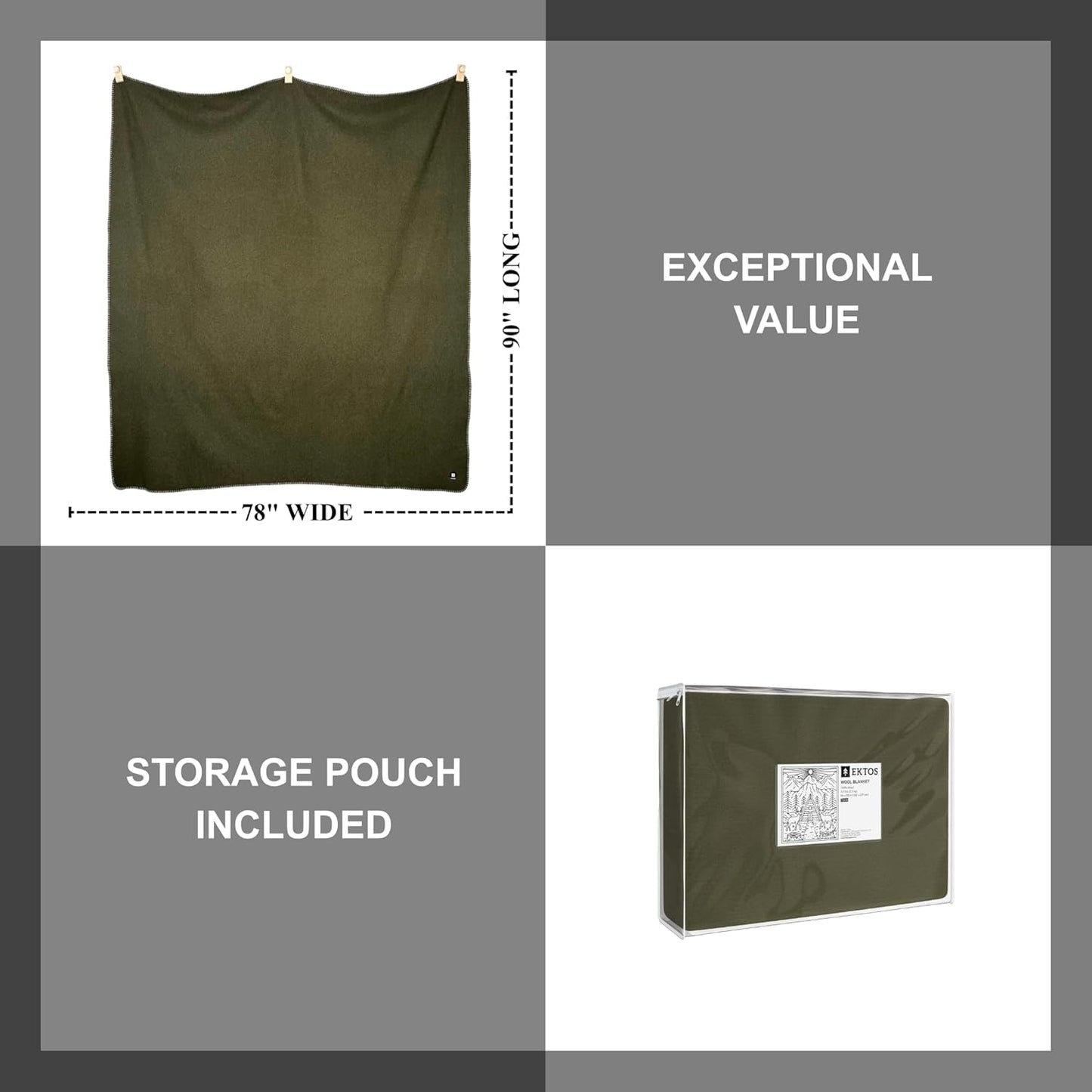 EKTOS 100% Virgin Wool Blankets, 90" x 78", Survival Kits, Camp Equipment, Car Camping (Olive Green, Full Size)