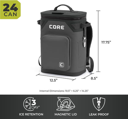 CORE Magnetic Leak Proof Soft Cooler with Waterproof Zipper | Insulated Bag Portable Ice Chest Box | Best Soft Cooler for Food & Beverages for Tailgating, Car Camping, Travel, and Family Beach Picnics