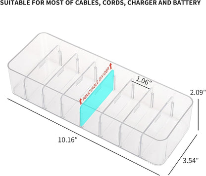 Yesesion 4 Pack Cord Organizer Box with 40pcs Wire Ties, Plastic Charger Storage Case with Adjustable Dividers for Desk Drawer, Home Office Supplies, Stationery, Data Cable, USB, Battery Holder