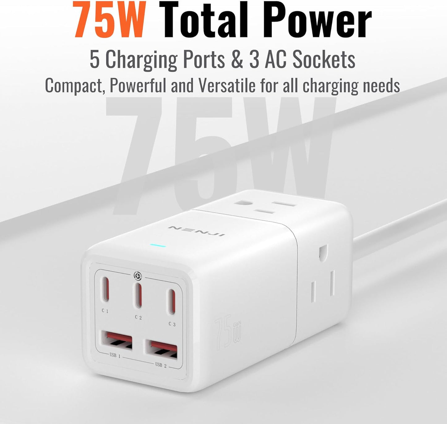 NENJI 75W GaN USB-C Super Fast Charging Station, 8-in-1 Power Strip with 5 USB & 3 AC Ports, Smart Charging, Fast PD Charger for iPhone, Samsung, iPad, MacBook – Desktop & Travel-Friendly – White