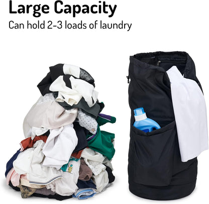 Laundry Backpack Bag, Dirty Clothes Travel Laundry Bag with Shoulder Straps for College Dorm Room (Black)