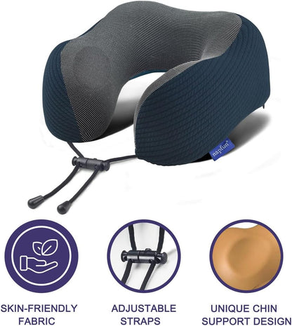 napfun Neck Pillow for Traveling, Upgraded Travel Neck Pillow for Airplane 100% Pure Memory Foam Travel Pillow for Flight Headrest Sleep, Portable Plane Accessories, Deep Blue Set, Medium (120-200LB)