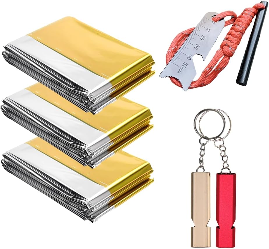 Professional 3-in-1 Survival Kit: Emergency Blanket, 120dB Whistle & All-Weather Fire Starter | Ultimate Safety Gear for Camping, Hiking, Car Emergencies & Storms (3-in-1 3pcs)