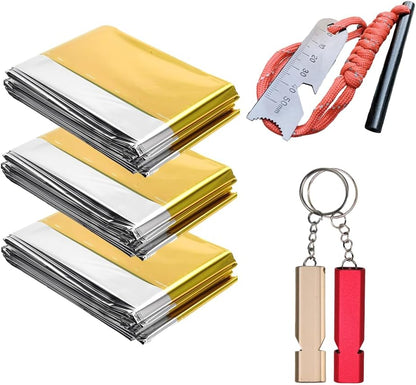Professional 3-in-1 Survival Kit: Emergency Blanket, 120dB Whistle & All-Weather Fire Starter | Ultimate Safety Gear for Camping, Hiking, Car Emergencies & Storms (3-in-1 3pcs)