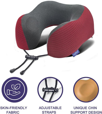 napfun Neck Pillow for Traveling, Upgraded Travel Neck Pillow for Airplane 100% Pure Memory Foam Travel Pillow for Flight Headrest Sleep, Portable Plane Accessories, Wine-Red Set, Medium (120-200LB)