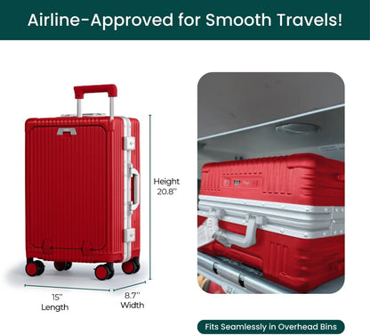 Nobl Travel Carry On Luggage, Noble Zipperless Aluminum Frame PC Hard Shell Suitcase, 20.8"x15"x8.7" Airline Approved, 360° Spinner Wheels, TSA Locks, USB Charging Port, Cup & Phone Holder - Red
