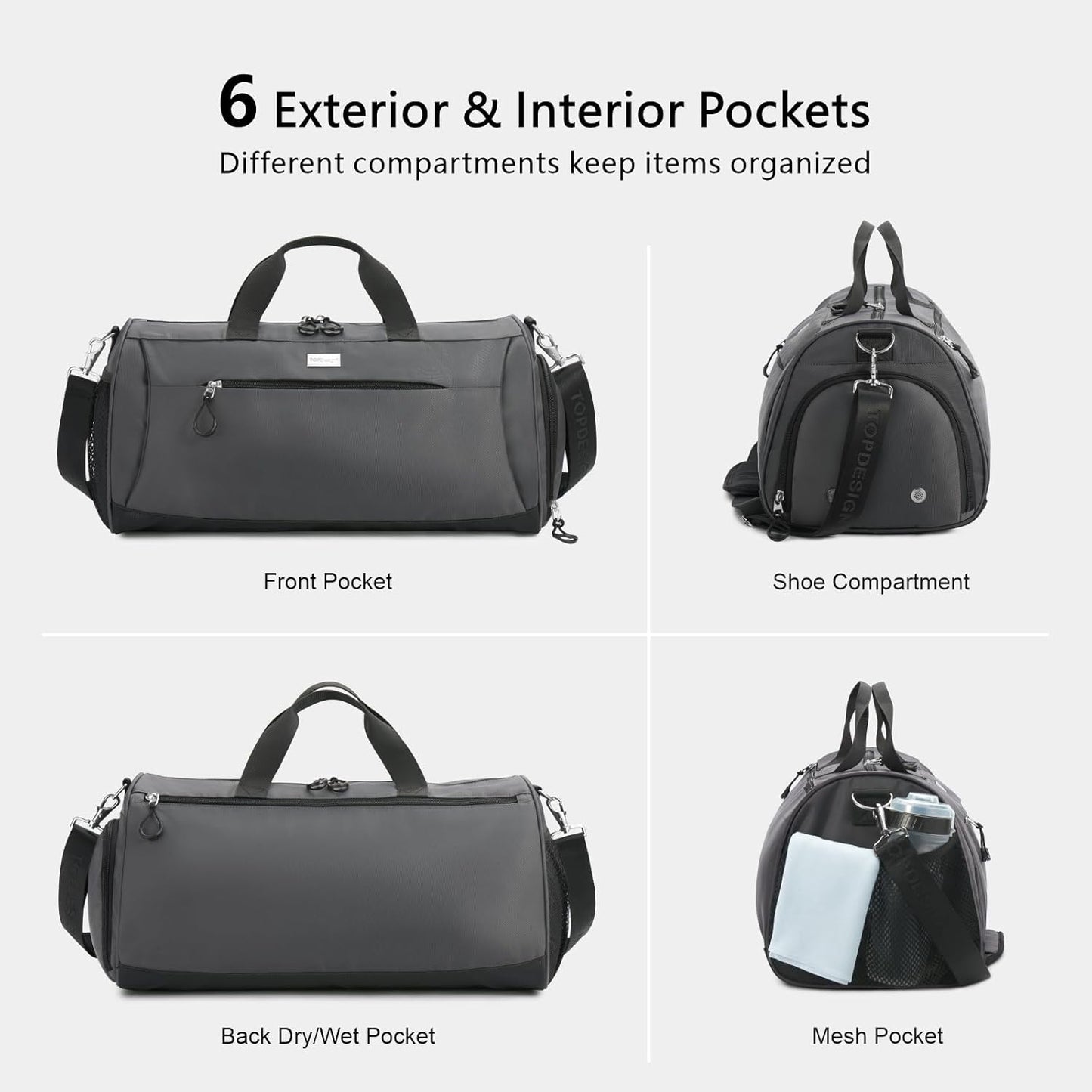 TOPDesign Gym Bag for Women & Men, Unisex Duffel Bag with Shoe Compartment & Wet Pocket for Travel Sports Gym (M Grey)