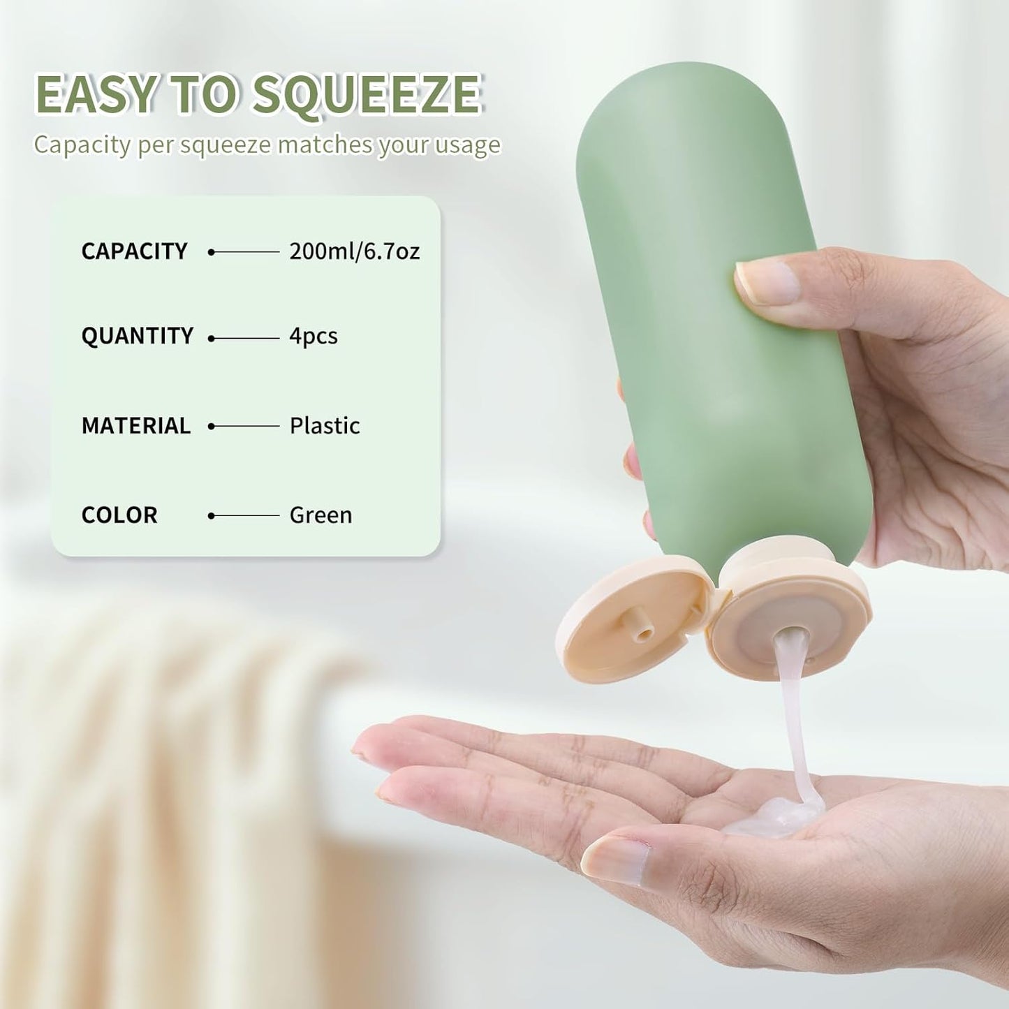 6.7oz Travel Shampoo Bottle, Empty Plastic Squeeze Bottles with Flip Cap, 4PCS Lotion Container for Toiletries (200ml, Green)