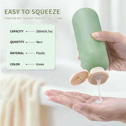 6.7oz Travel Shampoo Bottle, Empty Plastic Squeeze Bottles with Flip Cap, 4PCS Lotion Container for Toiletries (200ml, Green)