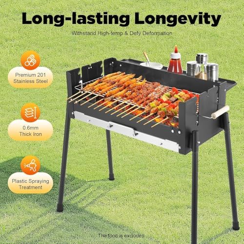 Portable Charcoal Grill with 3-Gear Height Adjustment – 3-8 Person 201 Stainless Steel Freestanding BBQ for Backyard Camping & Family Cookouts w/25.79x11.42in Cooking Surface