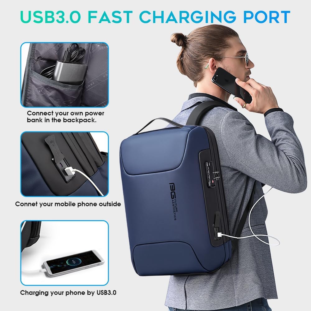 BANGE Anti Theft Business Backpack Fits 15.6 Inch Laptop,Lock Backpack with USB3.0 Charging Port for Office Work,Slim Laptop Backpack for Men and Women