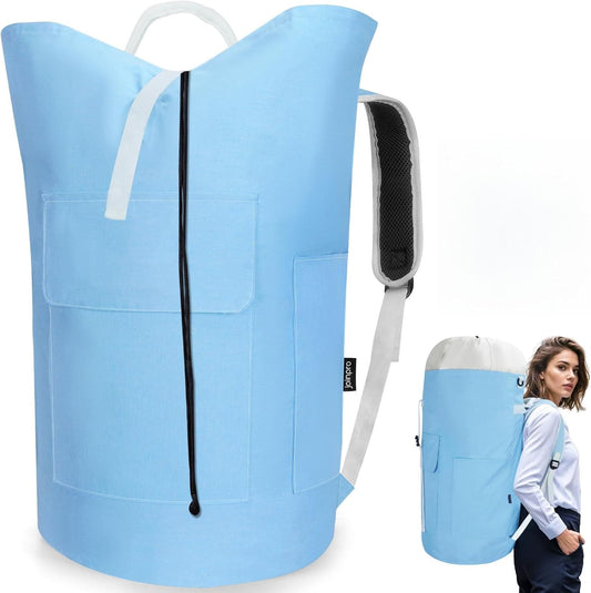 Laundry Bag Backpack, 125L Extra Large Travel with Shoulder Straps, Adjustable & Extendable Design, Laundry Hamper Bag with 3 Pockets for Laundromat, College, Travel, Camping (Light Blue)