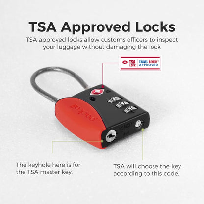 pack all TSA Approved Cable Luggage Locks, 3 Digit Combination Padlocks, Travel Lock for Suitcases & Bag, Alloy Body, Travel Accessories (1 Pack)（Red）