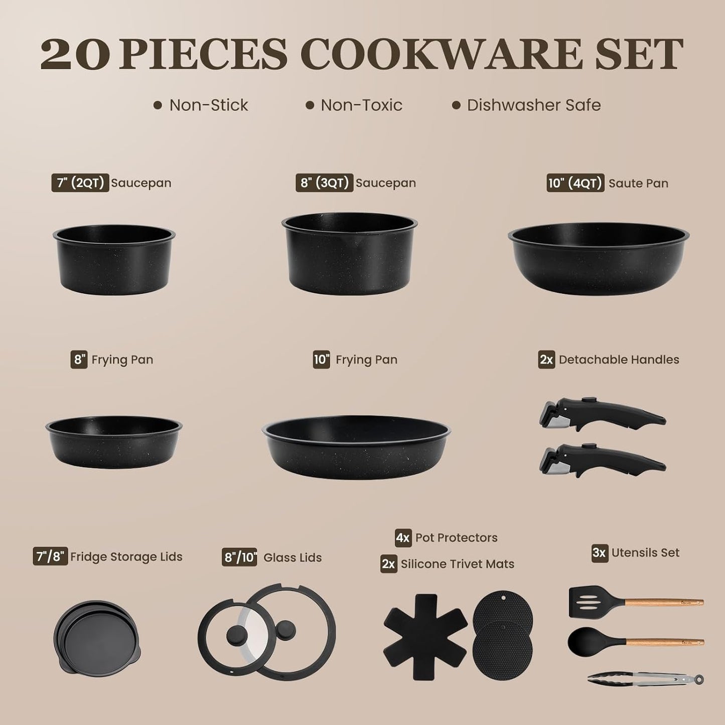 KIKCOIN 20 Pcs Pots and Pans Set Non Stick, Detachable Handle Cookware Sets Nonstick, Non Toxic Induction RV Kitchen Cooking Set with Removable Handles, Dishwasher/Oven Safe, Easy Clean (Black)