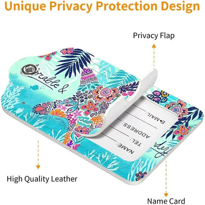 2 Pack Luggage Tag for Suitcase, Cute Unique Leather Bag Tags Identifiers Privacy Cover ID Label with Durable Steel Loop for Women Men Kids Girls Travel, sea Star