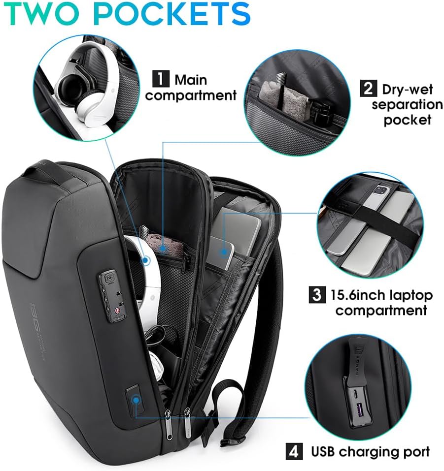 BANGE Anti Theft Backpack，Smart Business Laptop Fits 15.6 Inch Notebook, Work Backpack with USB Charging Port for Men and Women…