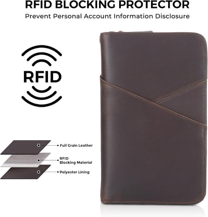 Polare Full Grain Leather Passport Holder With YKK Zipper RFID Blocking Travel Document Organizer Ticket Holder Cover Case Holds 2 Passports (Dark Brown with AirTag Slot)