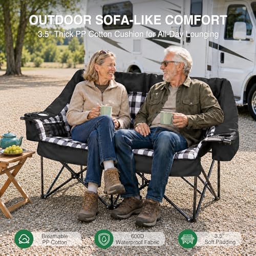 HOPERAN Double Camping Chair 800lbs Camping Couch Folding Loveseat, Black