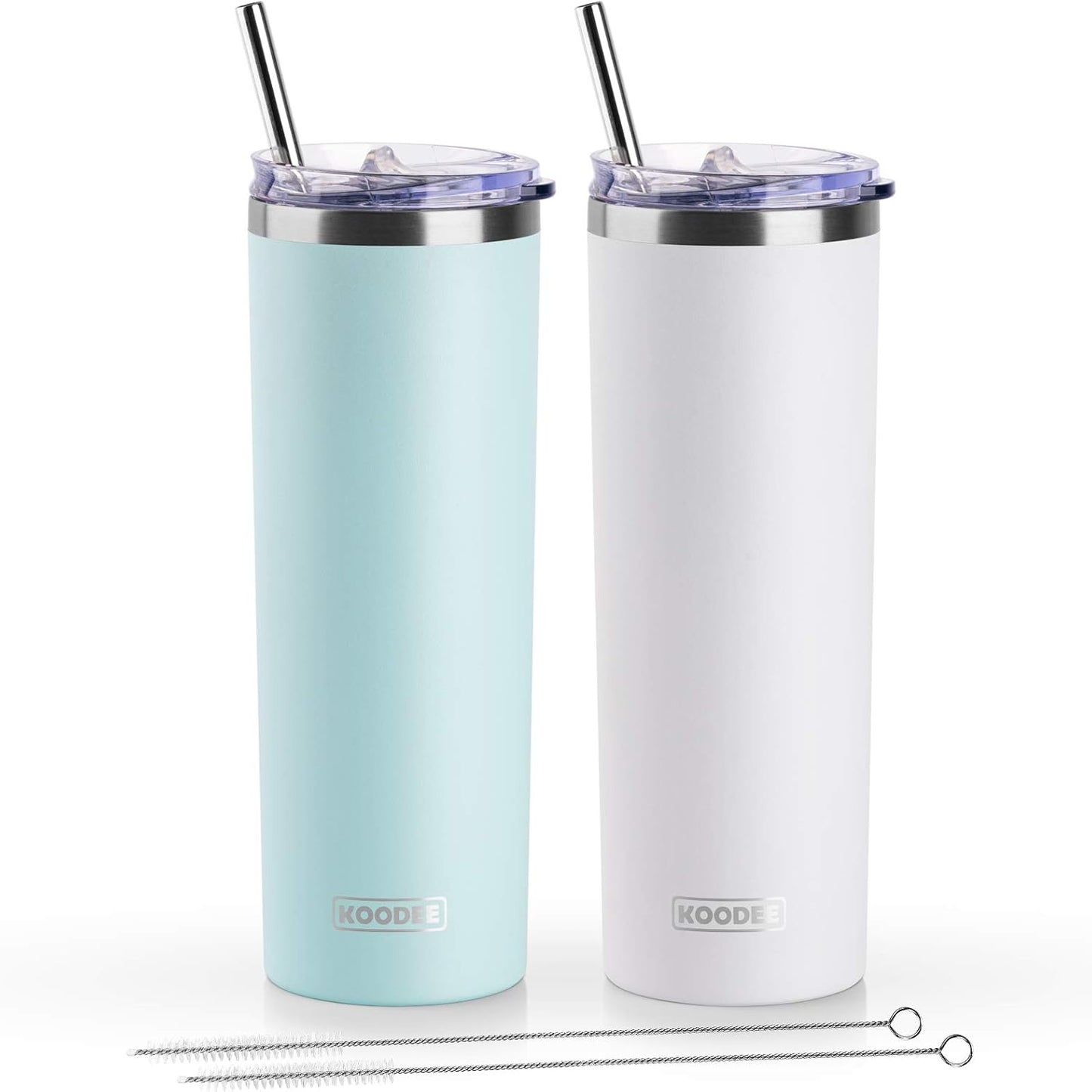 koodee 20 oz Tumbler with Lid and Straw-2 Pack Stainless Steel Insulated Skinny Tumbler Cup-Travel Beach Coffee Mug for Women (Baby Blue-White)