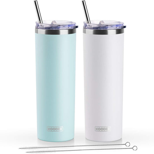 koodee 20 oz Tumbler with Lid and Straw-2 Pack Stainless Steel Insulated Skinny Tumbler Cup-Travel Beach Coffee Mug for Women (Baby Blue-White)
